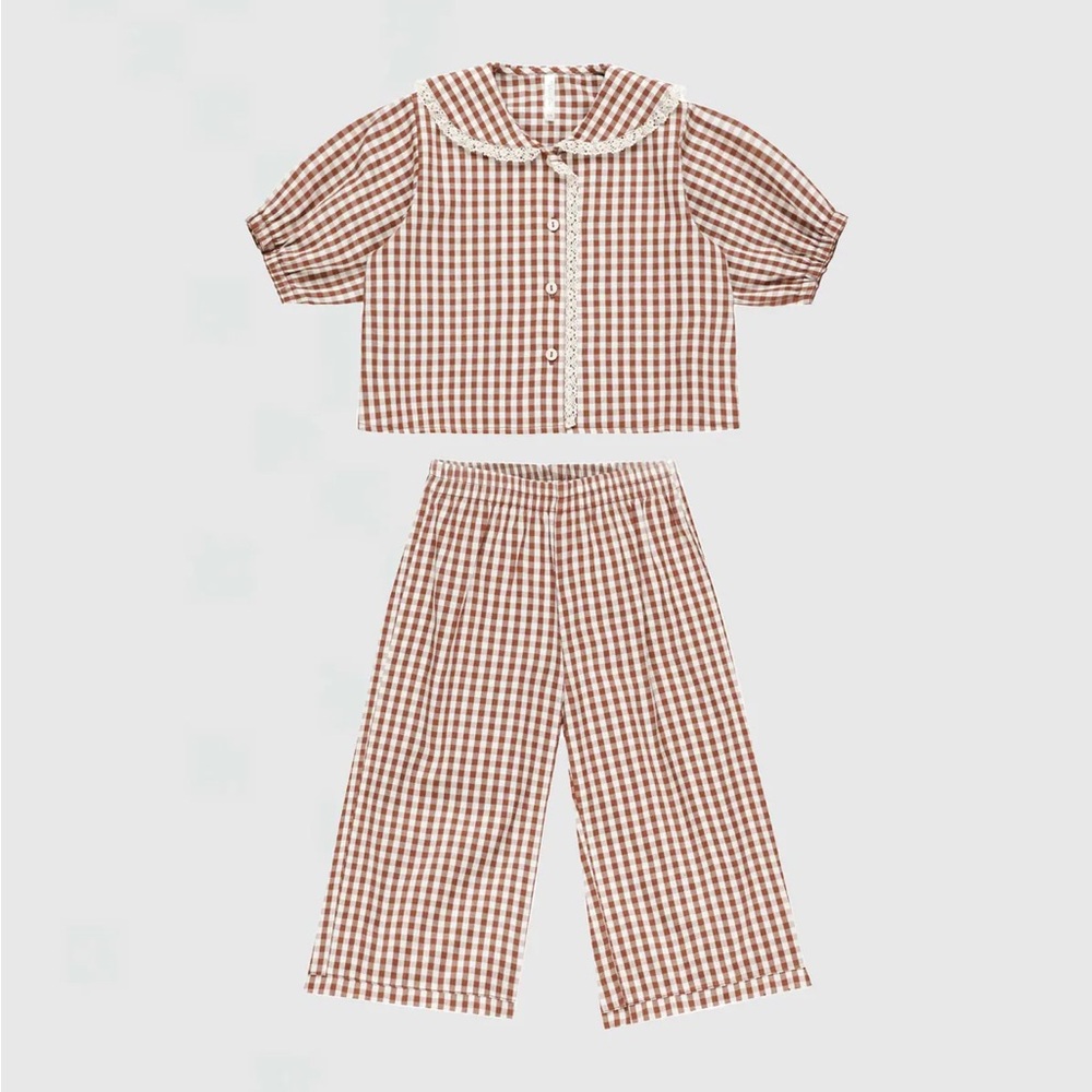 Rylee + Cru Ruffle Pajamas in Brick Gingham